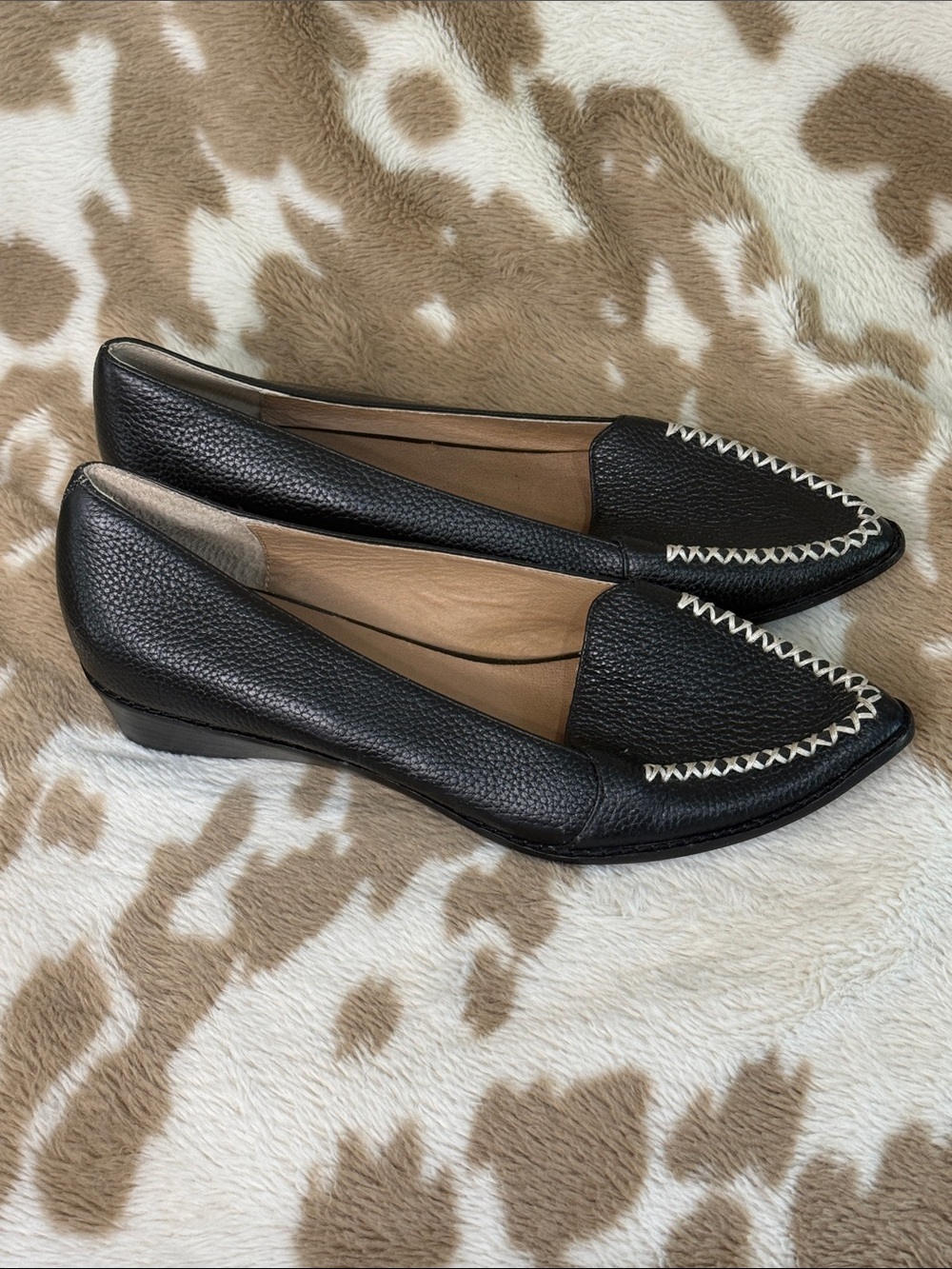 bettye muller Black Leather Loafers with White Stitching